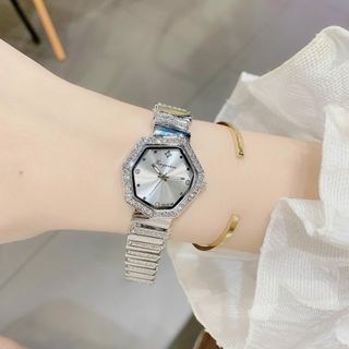 Đồng hồ nữ mặt lục giác đính đá, dây kim loại bạc sang trọng Yunkou Hexa Diamond