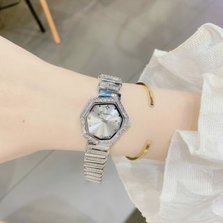 Đồng hồ nữ mặt lục giác đính đá, dây kim loại bạc sang trọng Yunkou Hexa Diamond