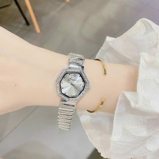 Đồng hồ nữ mặt lục giác đính đá, dây kim loại bạc sang trọng Yunkou Hexa Diamond