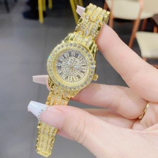 Đồng hồ nữ mặt tròn đính đá, dây vàng sang trọng Gossie Đá Lụa