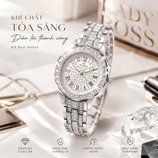 Đồng hồ nữ mặt tròn đính đá, dây vàng sang trọng Gossie Đá Lụa