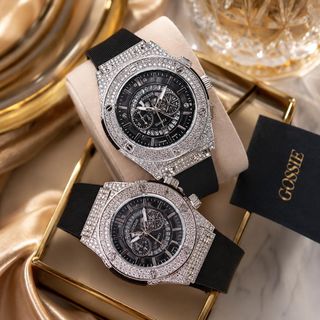 Đồng hồ nam nữ mặt tròn đính đá, dây cao su 3 núm thể thao Gossie 3 Núm
