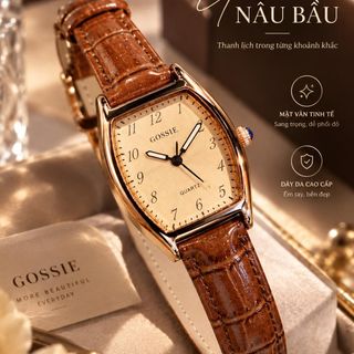 Đồng hồ nữ mặt bầu, dây da nâu cổ điển Gossie Nâu Bầu Trơn