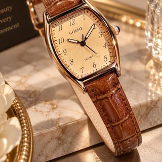 Đồng hồ nữ mặt bầu, dây da nâu cổ điển Gossie Nâu Bầu Trơn