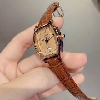 Đồng hồ nữ mặt bầu, dây da nâu cổ điển Gossie Nâu Bầu Trơn