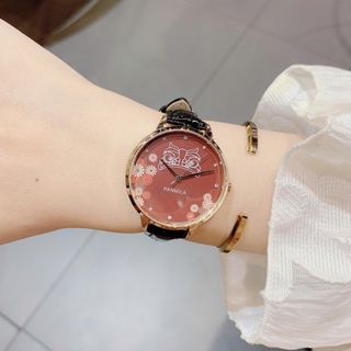 Đồng hồ nữ mặt tròn họa tiết cú mèo, dây da 2 màu xanh - đỏ Panmila