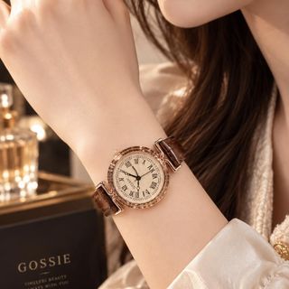 Đồng hồ nữ mặt tròn cổ điển, dây da nâu chống nước Gossie Nâu Trà