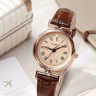 Đồng hồ nữ mặt tròn cổ điển, dây da nâu chống nước Gossie Nâu Trà