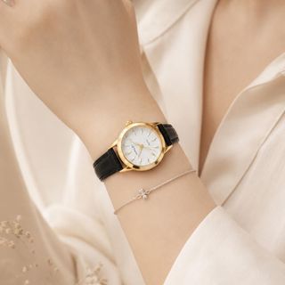 Đồng hồ nữ mặt tròn viền vàng, dây da đen thanh lịch HALEI Da Nhỏ