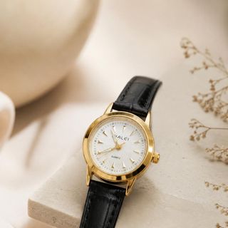 Đồng hồ nữ mặt tròn viền vàng, dây da đen thanh lịch HALEI Da Nhỏ