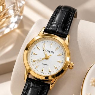 Đồng hồ nữ mặt tròn viền vàng, dây da đen thanh lịch HALEI Da Nhỏ