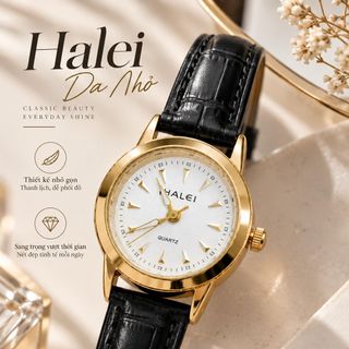 Đồng hồ nữ mặt tròn viền vàng, dây da đen thanh lịch HALEI Da Nhỏ