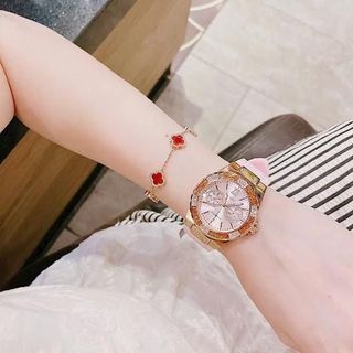 Đồng hồ nữ mặt tròn đính đá, dây kim loại vàng hồng Gossie G Hồng