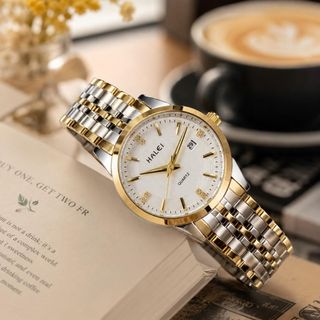 Đồng hồ nữ mặt tròn, dây kim loại 2 màu trắng - demi HALEI 562