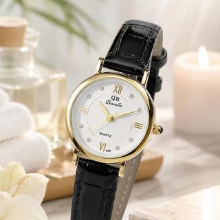 Đồng hồ nữ mặt tròn thanh lịch, dây da đen QB Dây Da