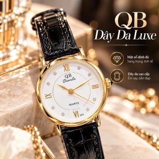 Đồng hồ nữ mặt tròn thanh lịch, dây da đen QB Dây Da