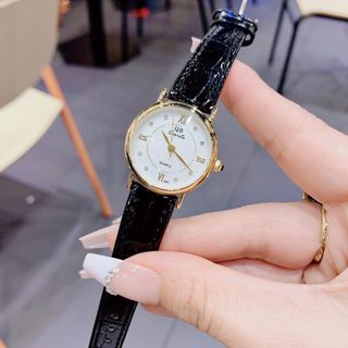 Đồng hồ nữ mặt tròn thanh lịch, dây da đen QB Dây Da