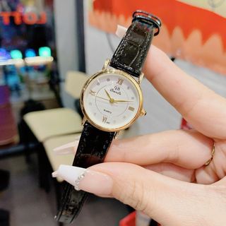 Đồng hồ nữ mặt tròn thanh lịch, dây da đen QB Dây Da