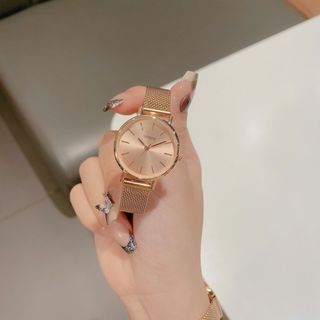 Đồng hồ nữ mặt tròn tối giản, dây lưới vàng hồng thanh lịch GW Vàng Hồng