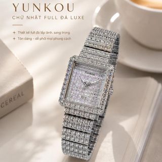 Đồng hồ nữ mặt chữ nhật full đá, dây kim loại bạc sang trọng Yunkou Chữ Nhật