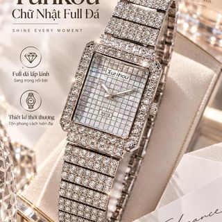 Đồng hồ nữ mặt chữ nhật full đá, dây kim loại bạc sang trọng Yunkou Chữ Nhật
