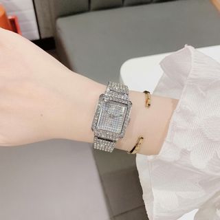 Đồng hồ nữ mặt chữ nhật full đá, dây kim loại bạc sang trọng Yunkou Chữ Nhật
