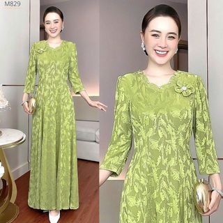 ĐẦM MAXI,  CHẤT LIỆU ĐẦM DẠ HỘI DỆT 3D ACITAT,  SANG TRỌNG BIGSIZE M829