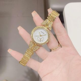 Đồng hồ nữ mặt tròn đính đá, dây bướm 2 màu vàng - bạc Gossie Hồ Điệp