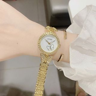 Đồng hồ nữ mặt tròn đính đá, dây bướm 2 màu vàng - bạc Gossie Hồ Điệp