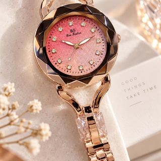 Đồng hồ nữ mặt tròn hồng đính đá, dây kim loại vàng hồng BS Hoa Anh Đào