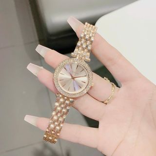 Đồng hồ nữ mặt tròn đính đá, dây kim loại 2 màu trắng - vàng hồng Gossie MK