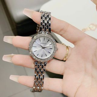 Đồng hồ nữ mặt tròn đính đá, dây kim loại 2 màu trắng - vàng hồng Gossie MK