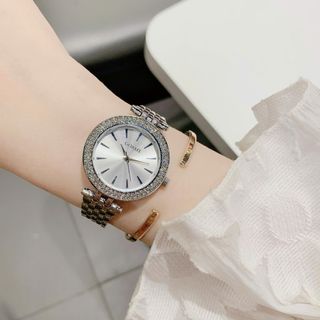 Đồng hồ nữ mặt tròn đính đá, dây kim loại 2 màu trắng - vàng hồng Gossie MK