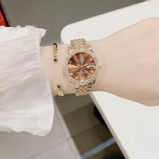 Đồng hồ nữ mặt tròn đính đá, dây kim loại 5 màu sang trọng HAR Cao Cấp