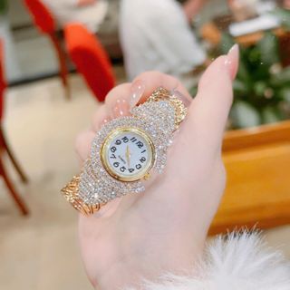 Đồng hồ nữ đính đá full viền, dây còng xoắn 2 màu vàng - bạc Gossie Còng Xoắn