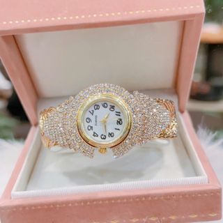 Đồng hồ nữ đính đá full viền, dây còng xoắn 2 màu vàng - bạc Gossie Còng Xoắn