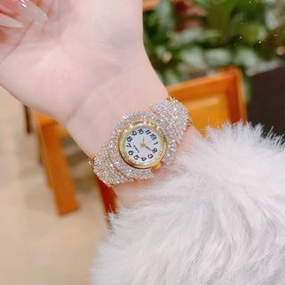 Đồng hồ nữ đính đá full viền, dây còng xoắn 2 màu vàng - bạc Gossie Còng Xoắn