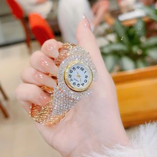 Đồng hồ nữ đính đá full viền, dây còng xoắn 2 màu vàng - bạc Gossie Còng Xoắn