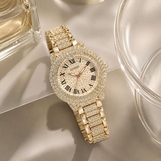 Đồng hồ nữ mặt tròn đính đá, dây kim loại vàng hồng Gossie Diamond Gold