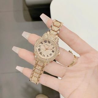 Đồng hồ nữ mặt tròn đính đá, dây kim loại vàng hồng Gossie Diamond Gold