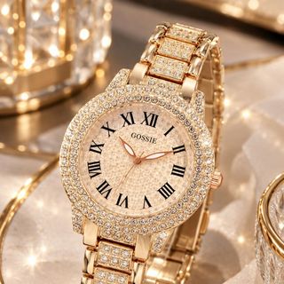 Đồng hồ nữ mặt tròn đính đá, dây kim loại vàng hồng Gossie Diamond Gold