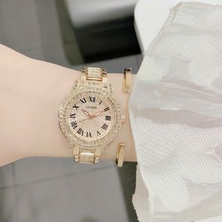 Đồng hồ nữ mặt tròn đính đá, dây kim loại vàng hồng Gossie Diamond Gold