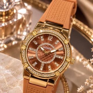 Đồng hồ nữ mặt tròn đính đá, dây cao su cam đất Gossie Cam Đất