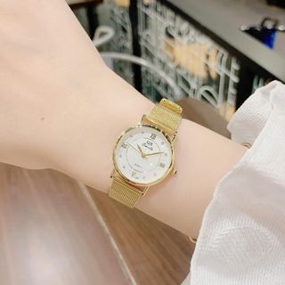 Đồng hồ nữ mặt tròn thanh lịch, dây lưới vàng QB Mành Vàng