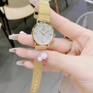 Đồng hồ nữ mặt tròn thanh lịch, dây lưới vàng QB Mành Vàng