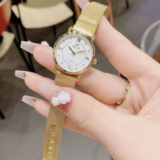 Đồng hồ nữ mặt tròn thanh lịch, dây lưới vàng QB Mành Vàng
