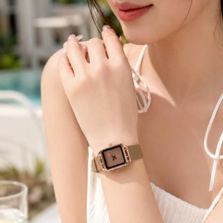 Đồng hồ nữ mặt vuông có lịch, dây cao su 2 màu nâu - trắng GUOU Lịch