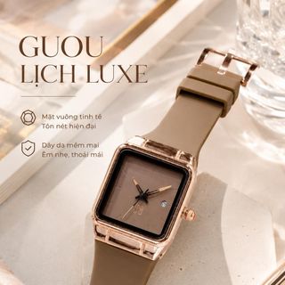 Đồng hồ nữ mặt vuông có lịch, dây cao su 2 màu nâu - trắng GUOU Lịch