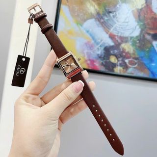 Đồng hồ nữ mặt chữ nhật có lịch, dây da nâu thanh lịch GB Nâu