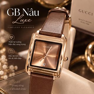 Đồng hồ nữ mặt chữ nhật có lịch, dây da nâu thanh lịch GB Nâu